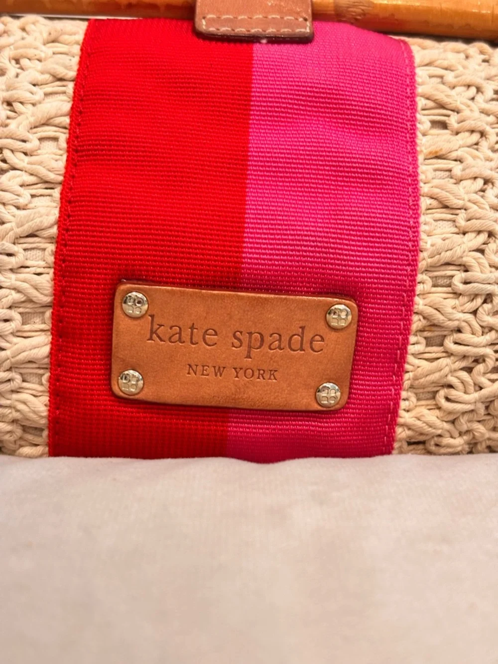 kate spade Cream Woven Clutch with Red and Pink Stripe